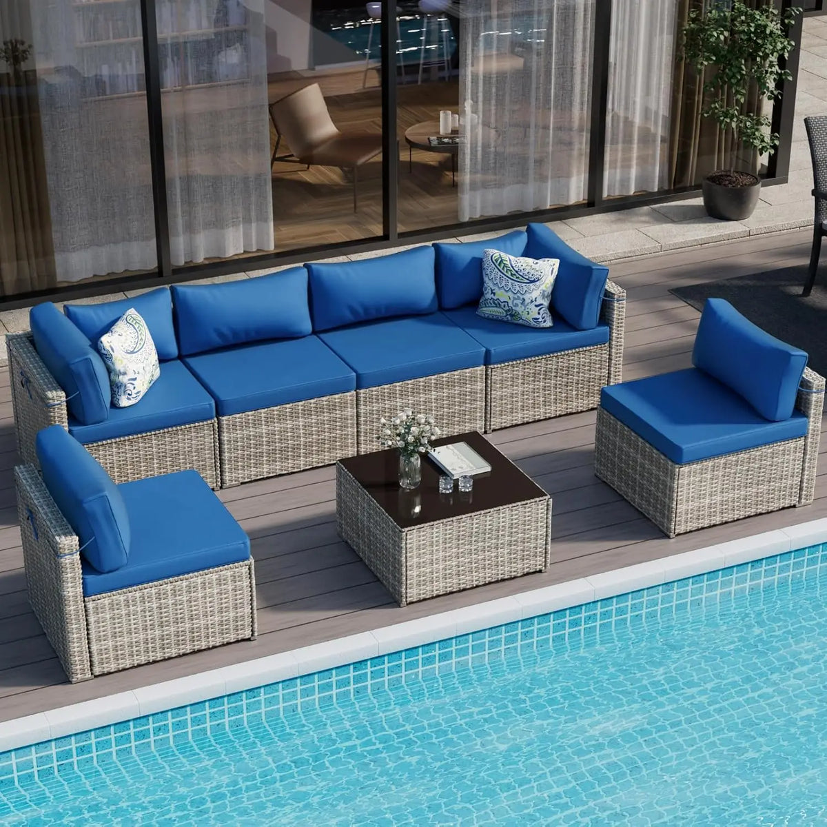 7-Piece Gray Rattan Patio Furniture Sets, Outdoor Conversation Sofa Sets with Water Resistant Blue Cushions &, Customized