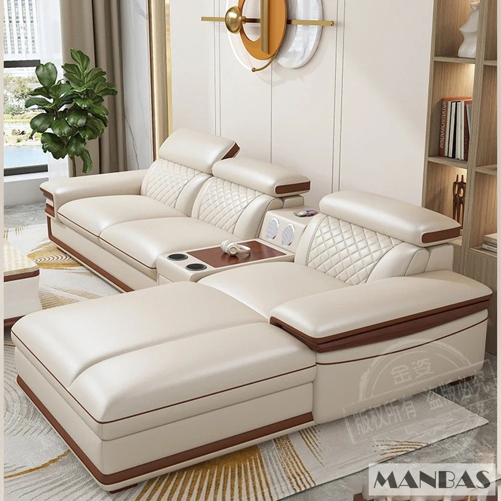 MINGDIBAO Premium Italian Genuine Leather Sofa Set for Living Room with Adjustable Headrests and Built-in Bluetooth Speaker, USB