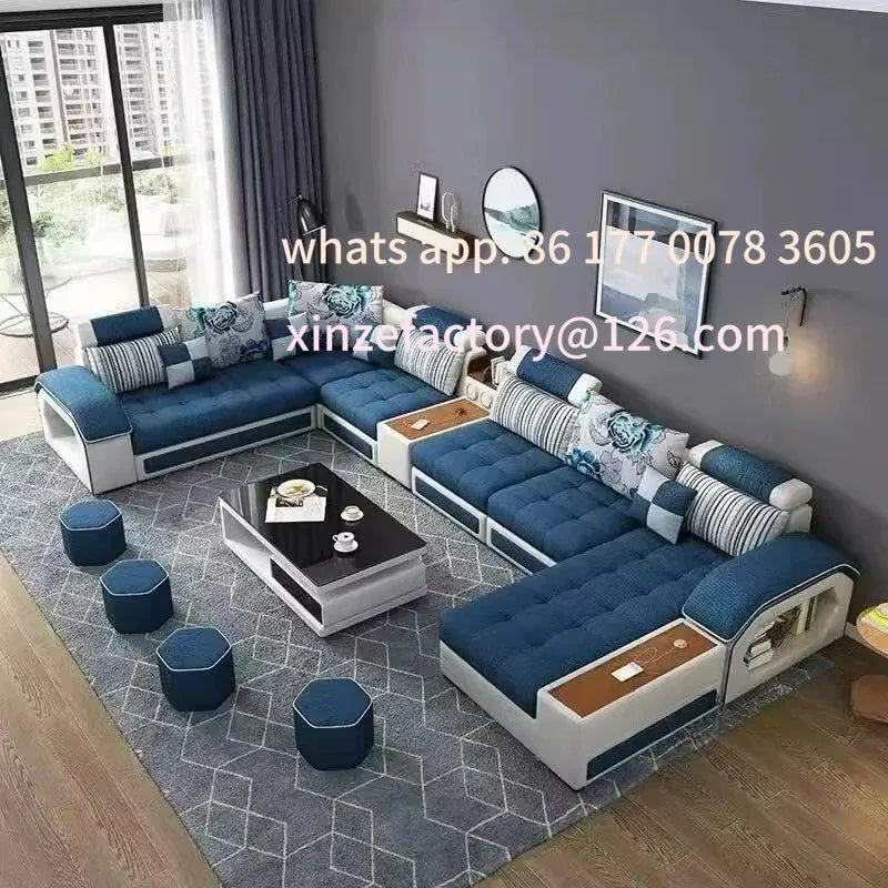 Customizable U-Shaped Sectional Fabric Sofa Set - Modern LivingRoom Furniture with Storage, Built-in Side Table, USB,andCushions
