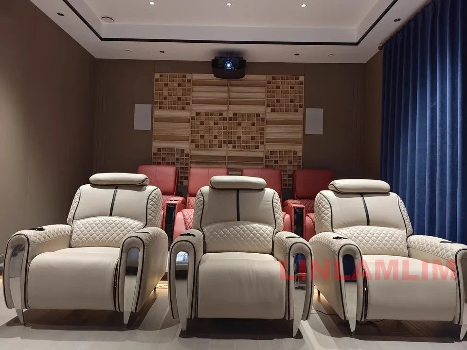 Luxury Electric Recliner Theater Seating Sofa – Modern Home Theater Chairs with LED Lighting, USB, Massage, Cooling Cup Holder