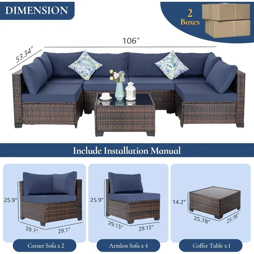 7-Piece Outdoor Patio Furniture Set: Wicker Sectional Sofa with Rattan Modular Conversation Area and Cushions