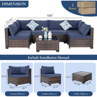 7-Piece Outdoor Patio Furniture Set: Wicker Sectional Sofa with Rattan Modular Conversation Area and Cushions