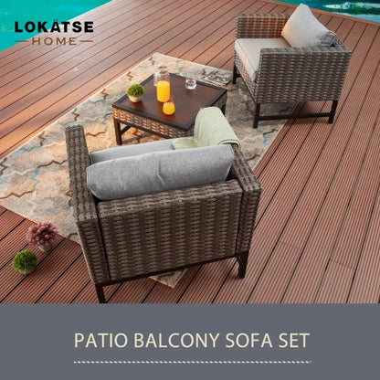 3 Pieces Outdoor Patio Balcony Furniture Rattan Conversation Set Wicker Chairs with Square Table, Brown