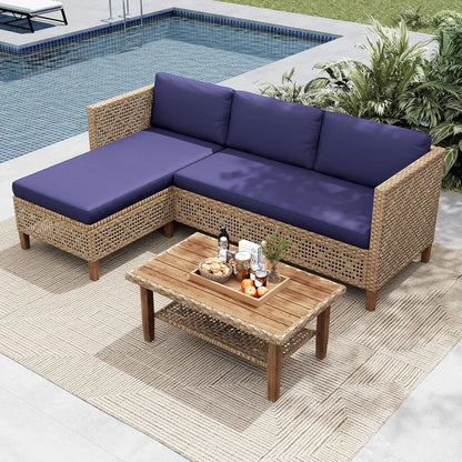 L Shaped Outdoor Sectional Sofa Set Rattan Patio Furniture with Wood Table 3 Pieces Small Conversation Set for Backyard, Custom