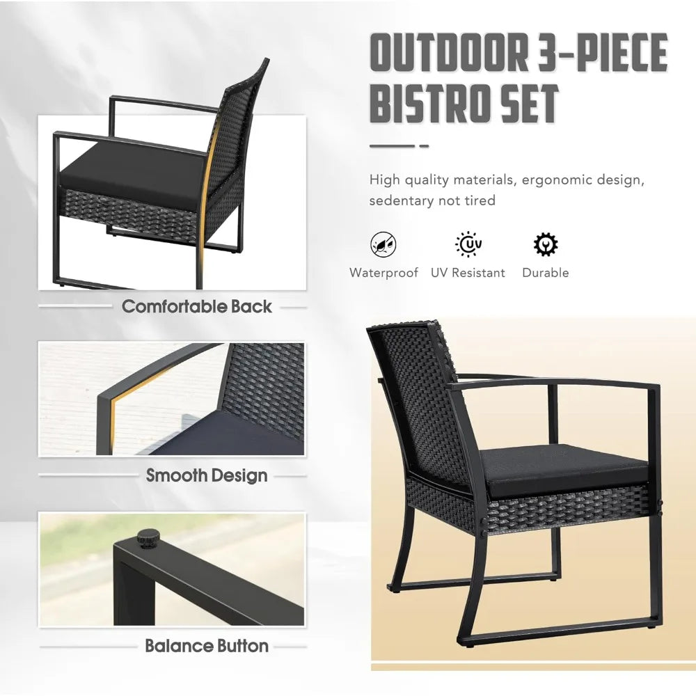 Outdoor Furniture Set Patio Bistro Chairs with Glass Coffee Table for Pool Beach Backyard Balcony Porch Deck Garden,Black