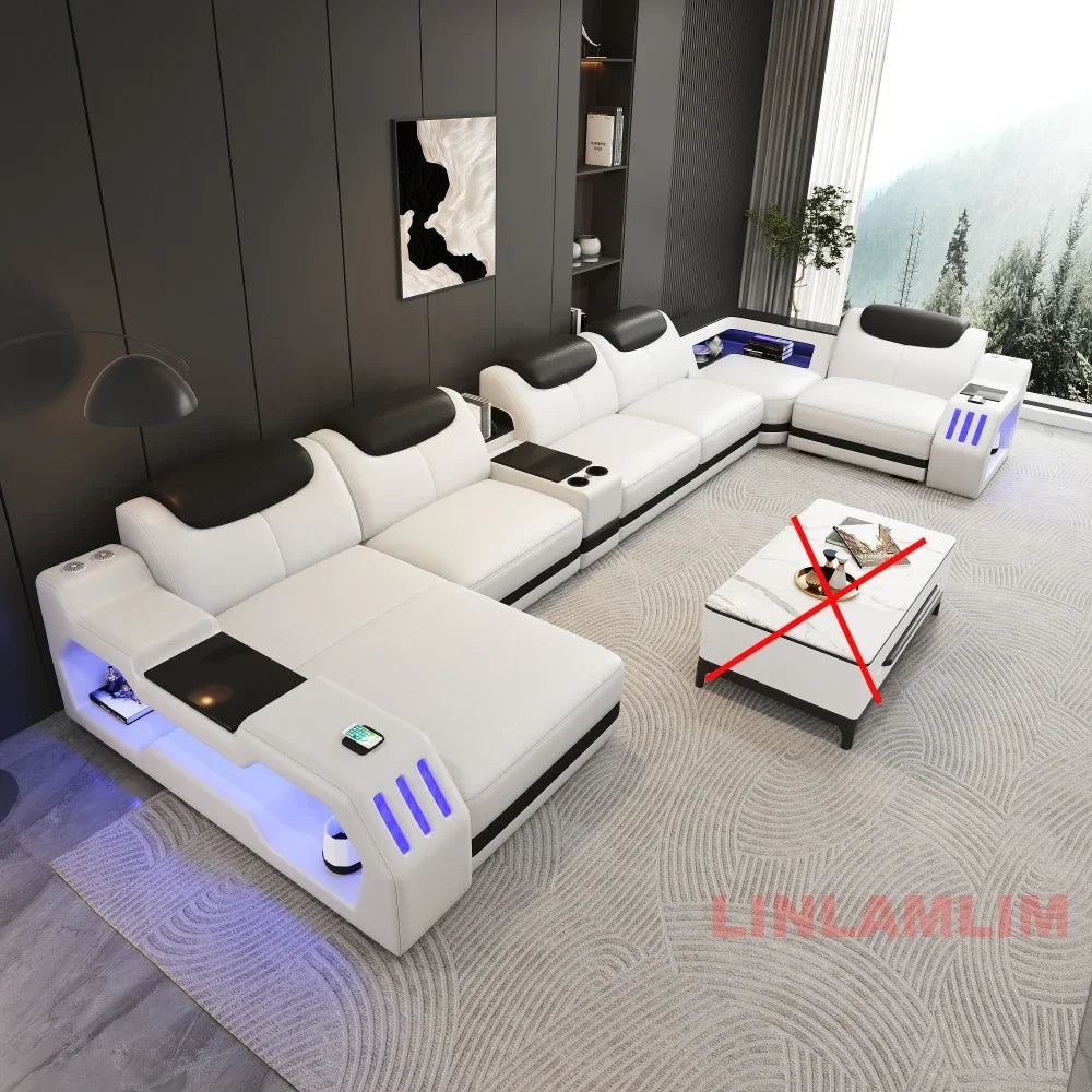 Modern Genuine Leather Massage Sectional Sofa Bed with Adjustable Headrests & LED Lights, Recliner Couch Set with Storage & USB