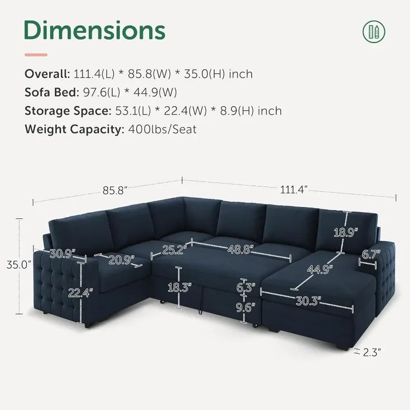 6-Seater Velvet Sleeper Sofa, U-Shaped Sectional with Storage for Living Room