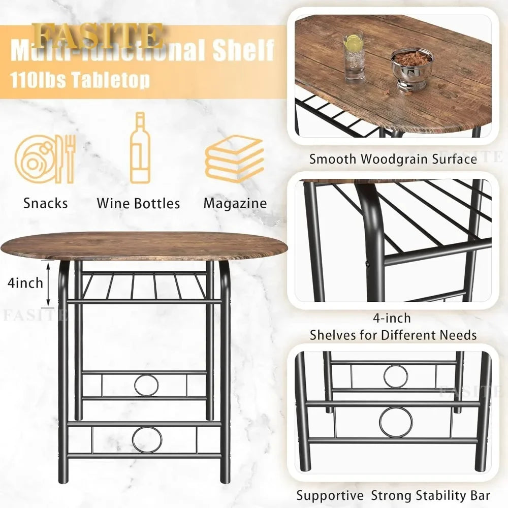3Piece Wooden Round Table&Chair Set,Space Saving Wood Grain Tabletop with Metal Frame Built for Kitchen,Dining Room(Brown/Black)