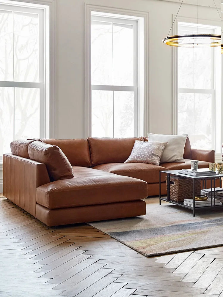 leather sofa, antique milk brown first layer cowhide L-shaped concubine seat in the living room, American retro leather sofa