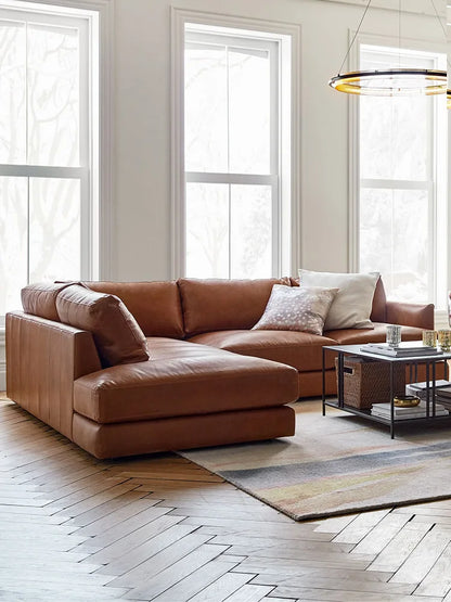 leather sofa, antique milk brown first layer cowhide L-shaped concubine seat in the living room, American retro leather sofa