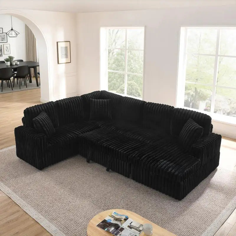 Modern Minimalist U-shaped Corduroy Striped Sofa with Pull-out Bed & Storage Chaise, Soft Black Couch for Stylish Living Room,