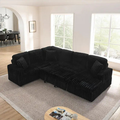 Modern Minimalist U-shaped Corduroy Striped Sofa with Pull-out Bed & Storage Chaise, Soft Black Couch for Stylish Living Room,
