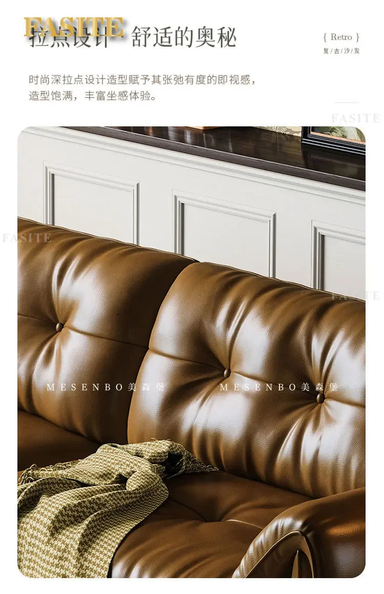 Oil wax leather sofa, French retro style, large and small apartment, living room straight combination