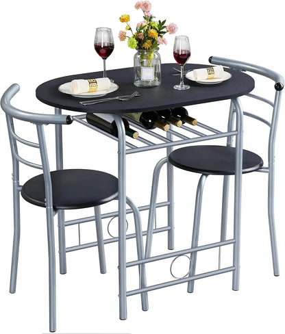 3 Piece Dining Table Set,Kitchen Table & Chair Sets for 2,Compact Bistro Table Set with Steel Legs,Built-in Wine Wine Rack Small