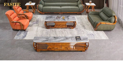 Ebony leather sofa first layer cowhide new Chinese high-end villa living room large apartment solid wood