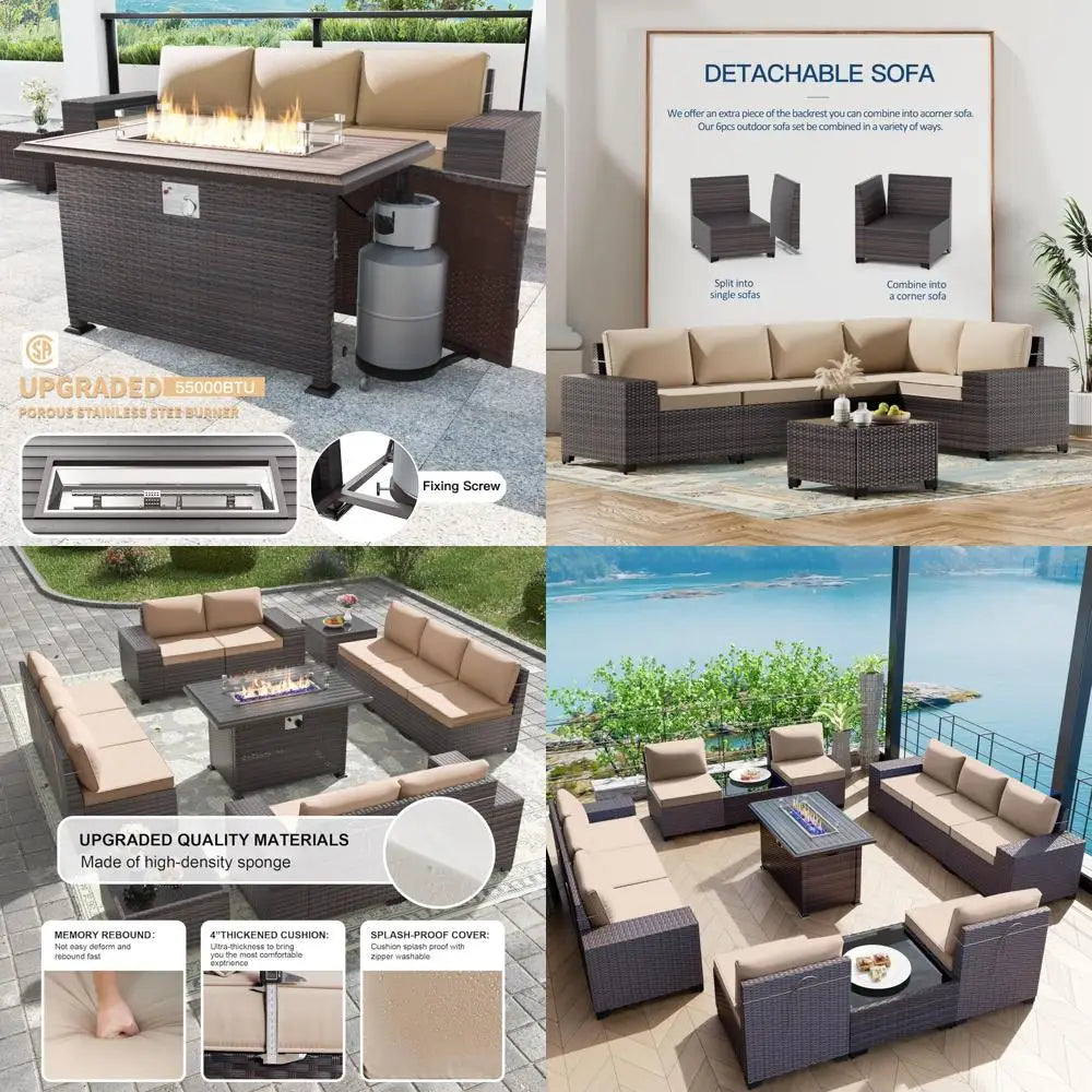 "13-piece outdoor patio furniture set with 43-inch 55,000 btu gas propane fire pit table and wicker rattan sectional sofa patio