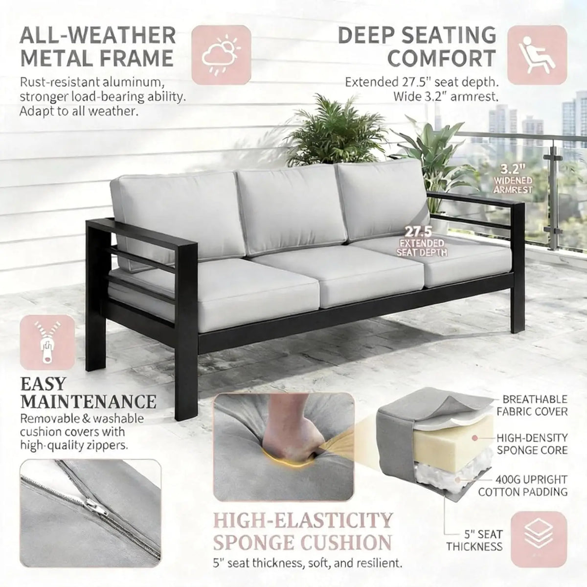 Outdoor Couch Aluminum Patio Furniture Sofa, 3 Seat All-Weather Metal Patio Couch With 5