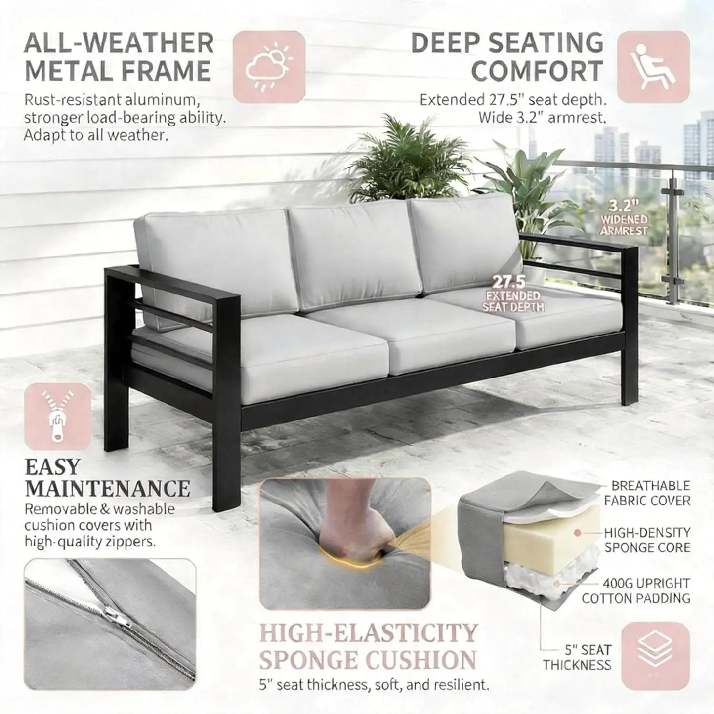 Outdoor Couch Aluminum Patio Furniture Sofa, 3 Seat All-Weather Metal Patio Couch With 5" Thick And Soft Cushion, Customized