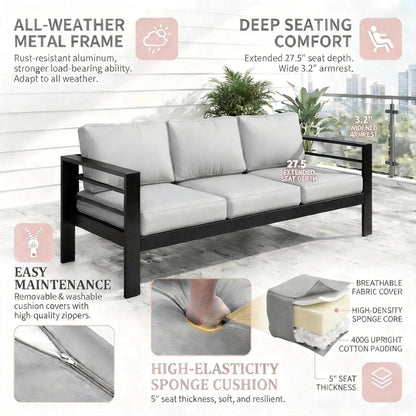Outdoor Couch Aluminum Patio Furniture Sofa, 3 Seat All-Weather Metal Patio Couch With 5" Thick And Soft Cushion, Customized