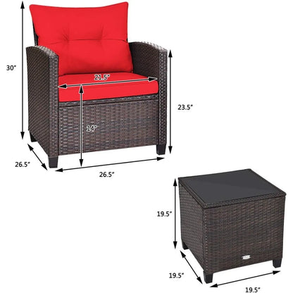 3 Pieces Wicker Patio Furniture Set, Outdoor Sofa Set with Water-Resistant Cushion & Tempered Glass Table, Outdoor Conversation