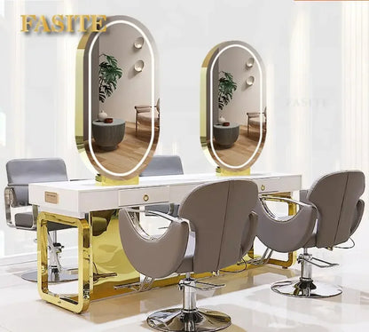 Hairdresser's mirror stand hair salon special solid wood haircut mirror simple barber's table with light