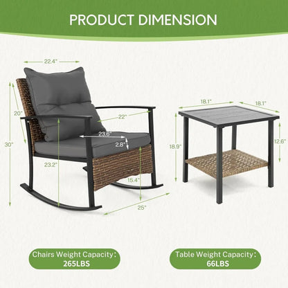 Wicker Rocking Chairs for Outdoors 3 Piece, Patio Rocking Chairs Set of 2, Patio Furniture Set, Small Outdoor Set for Porch, Poo