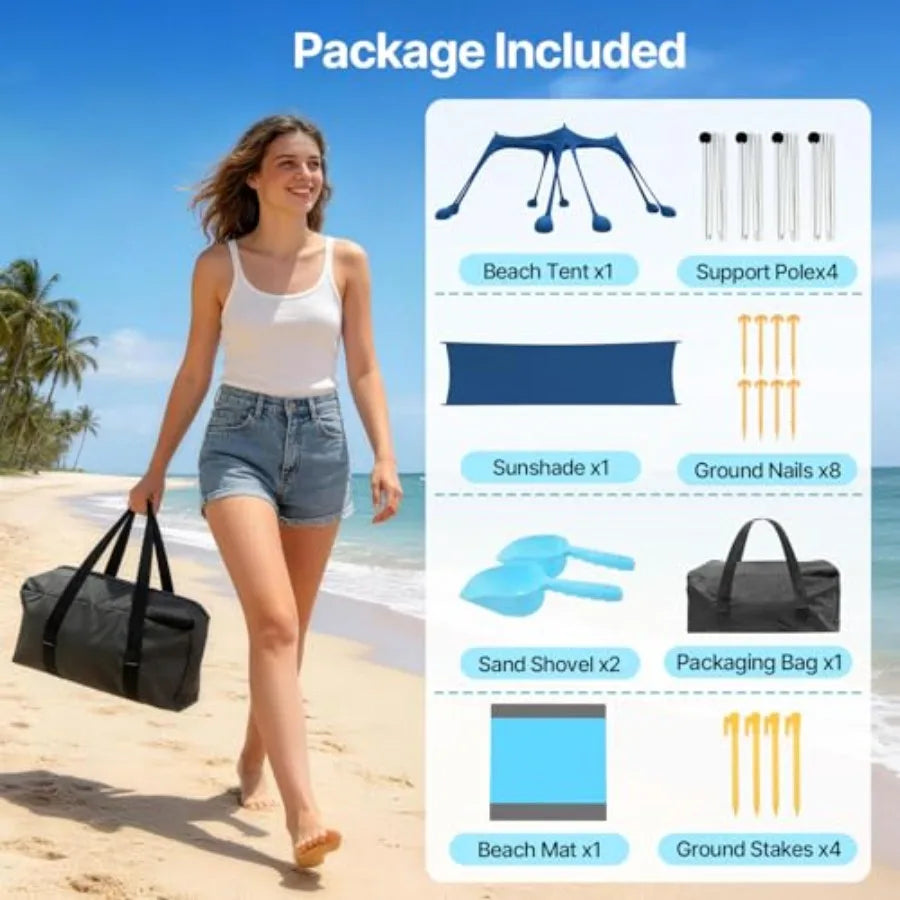 Beach Tent Sun Shelter with Sidewall Easy Set Up 10x10ft Beach Canopy Outdoor Sun Shade with UPF 50+UV Protection 8 Sandbags 4