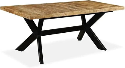 Solid Mango Wood Dining Table with Black Steel Frame, 70.9" x 35.4" x 29.9", Seats 4-6, Polished Finish, Perfect for Kitchen and