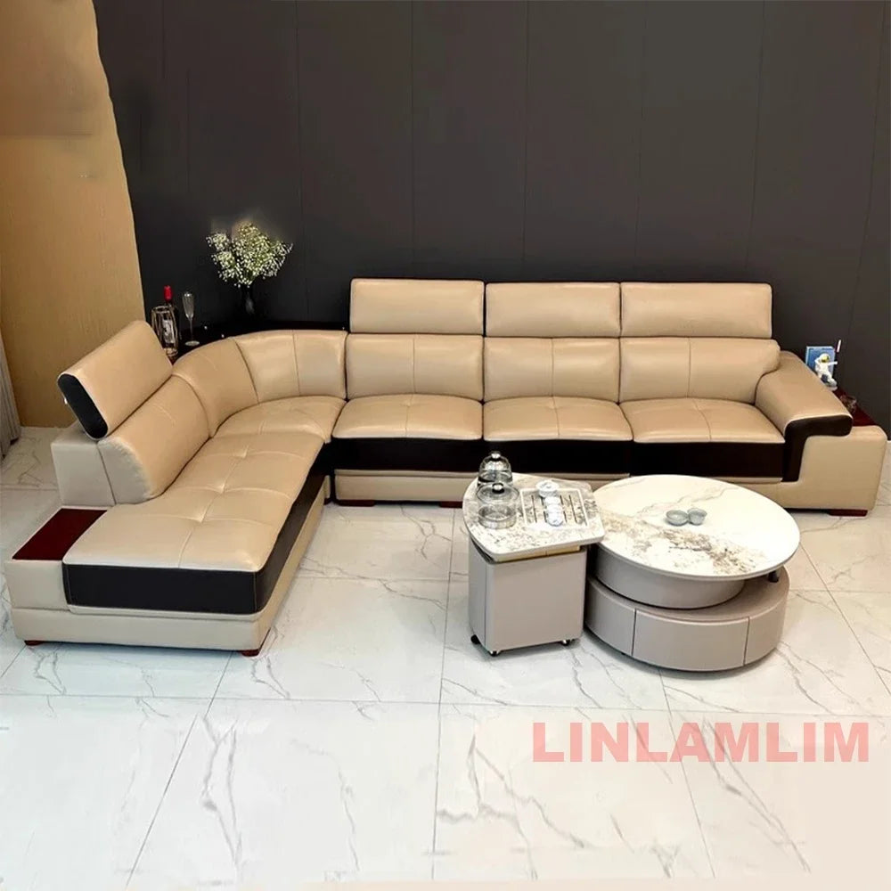MINGDIBAO Modern Minimalist Genuine Leather Sectional Sofa with Console, Storage and Speaker Italian Leather Living Room Couch