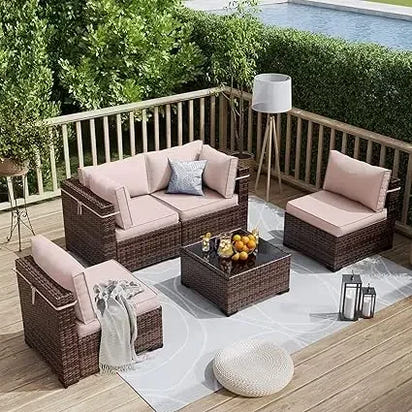 Patio Furniture Set Outdoor Modern Sectional  Wicker Couch with Glass Coffee Table, Thicken Cushions, Waterproof Cover
