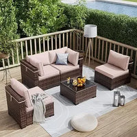 Patio Furniture Set Outdoor Modern Sectional  Wicker Couch with Glass Coffee Table, Thicken Cushions, Waterproof Cover