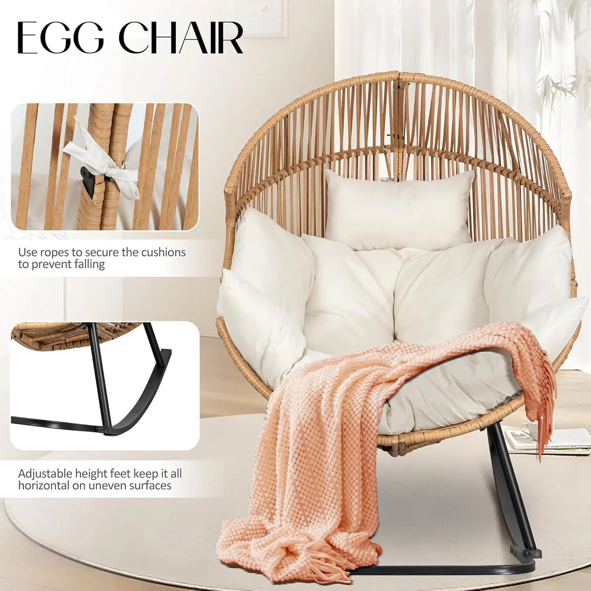 Outdoor Egg Chair with Cushion, Wicker Rocking Lounger for Patio, Living Room, Bedroom, Balcony in Beige