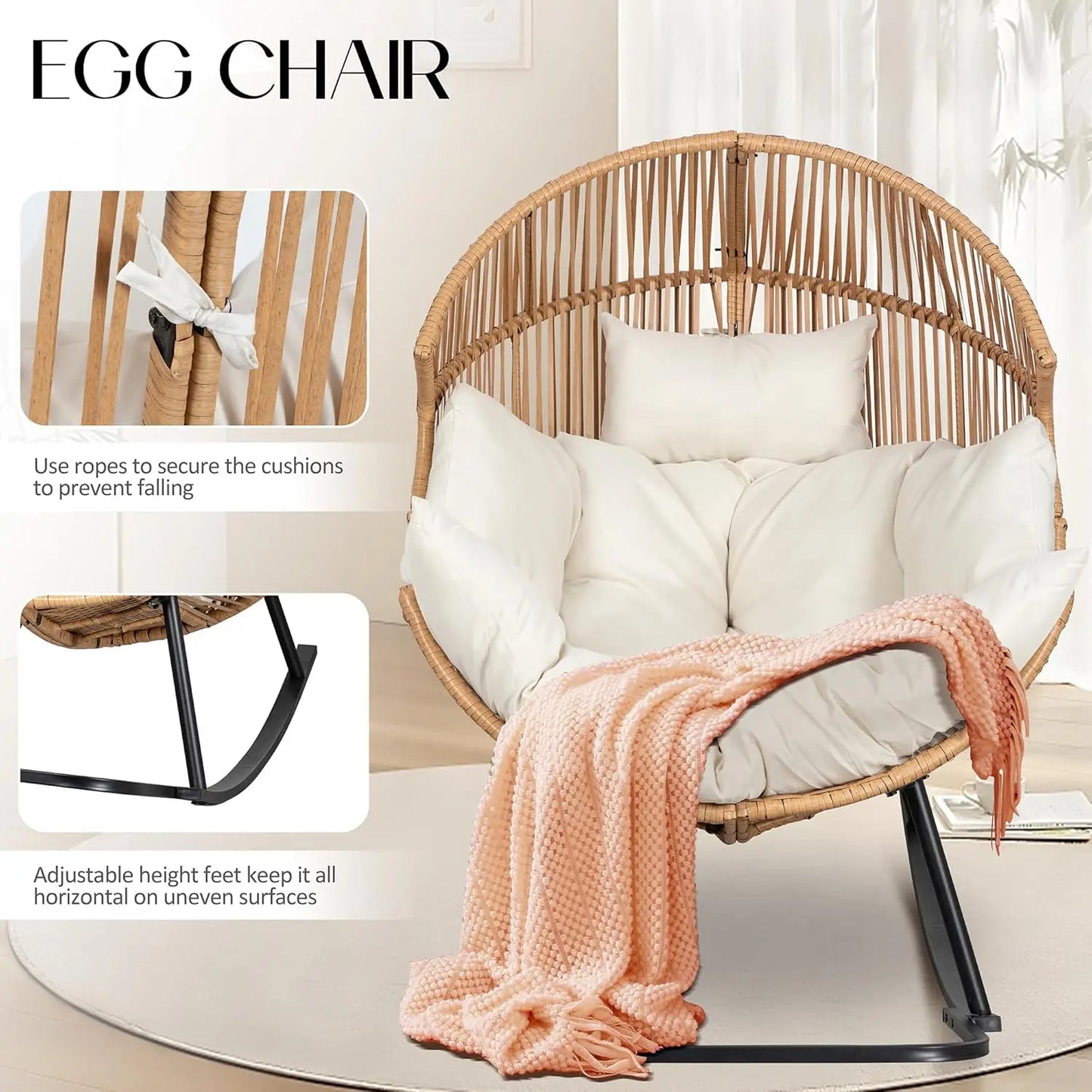 Outdoor Egg Chair with Cushion, Wicker Rocking Lounger for Patio, Living Room, Bedroom, Balcony in Beige