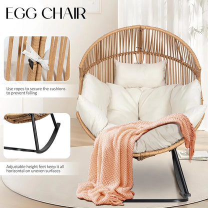 Outdoor Egg Chair with Cushion, Wicker Rocking Lounger for Patio, Living Room, Bedroom, Balcony in Beige