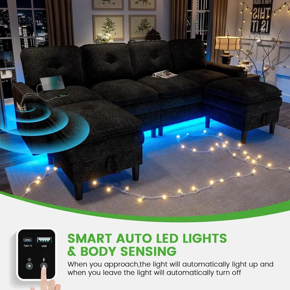 Sectional Couches with Charging, Storage Ottoman, 4-Seat LED U-Shape Sofa for Modern Living Rooms