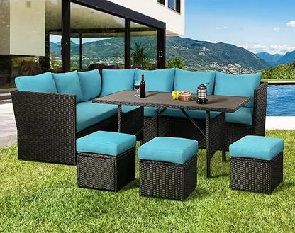Patio Furniture Set, 7 Pieces Outdoor Patio Furniture with Dining Table&Chair, All Weather Wicker Conversation Set with Ottoman