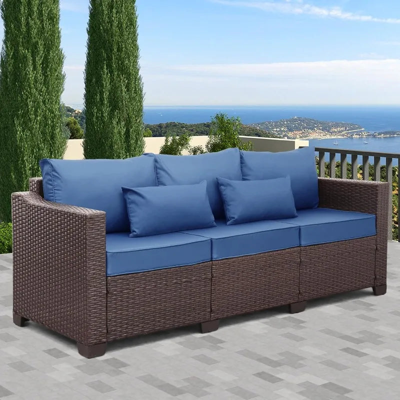 3-Seat Patio Wicker Sofa, Outdoor Rattan Couch Furniture Steel Frame with Furniture Cover and Deep Seat High Back, Blue