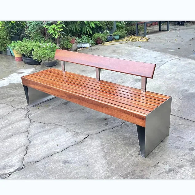 Meubles urbains personnalisés, banc d'extérieur en acier inoxydable, chaise de jardin en métal, parc, sièges en bois de teck, 2-3 places avec dossier