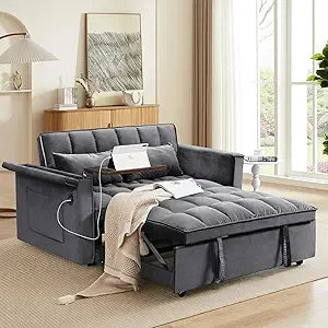 3-in-1 Velvet Sleeper Sofa, Pull-Out Bed, Adjustable Backrest, 55 Loveseat Bed