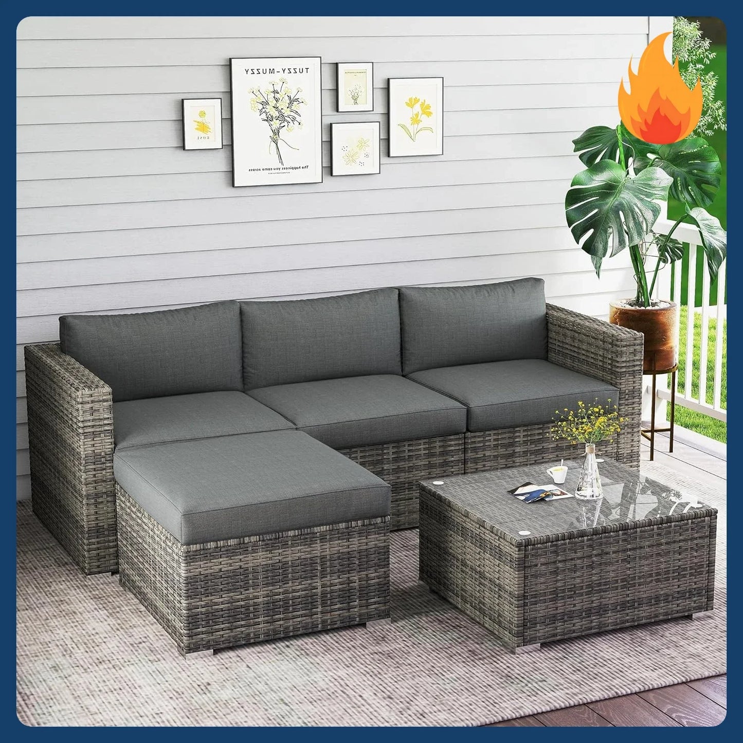 [New Arrival!]5-Pieces Outdoor Patio Furniture Set, All Weather Wicker Rattan Sectional Sofa, Patio Conversation Set with Cushio