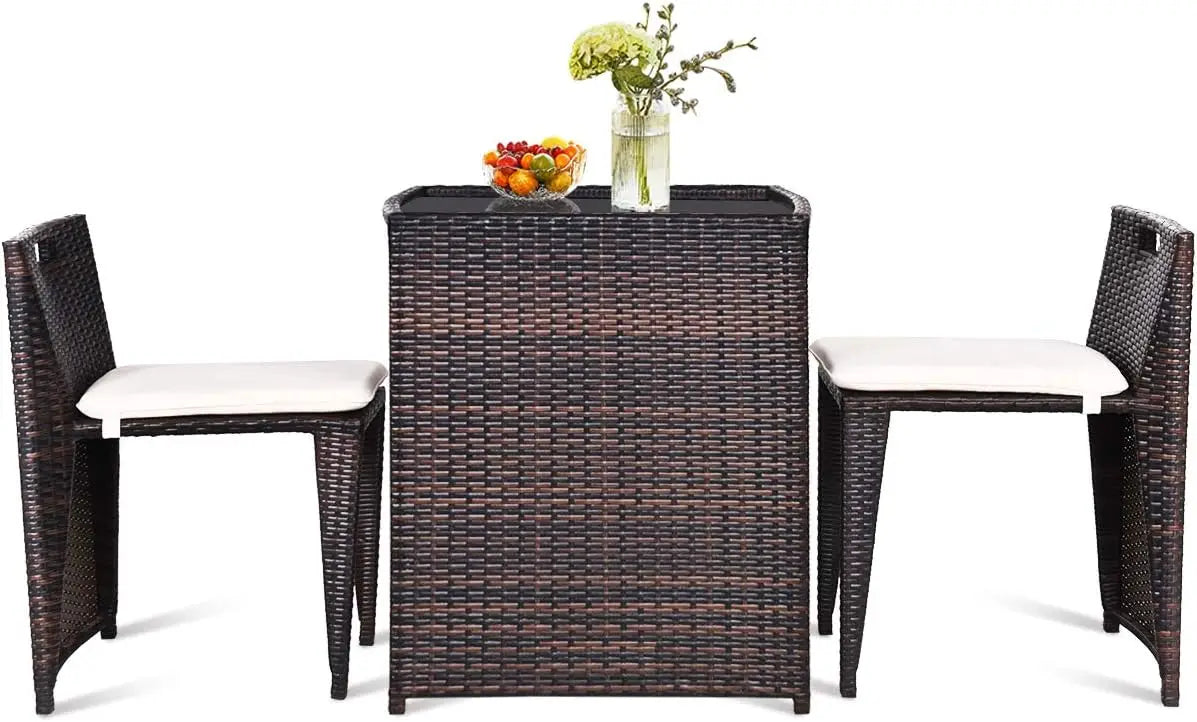 3 PCS Cushioned Outdoor Wicker Patio Set Convention Bistro Set Garden Lawn Space Saving Conversation Sofa Furniture