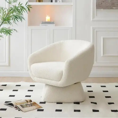 White Boucle swivel Chair, Solid Wood Frame, Modern Leisure Armchair, Ideal for Living Room & Bedroom