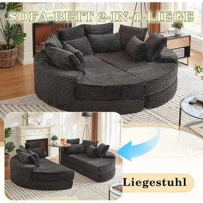 Oversized Corduroy Sofa with Recliners, 2-in-1 Bed, Lounge Chair, Neck Pillow, 5 Throw Pillows (Black)