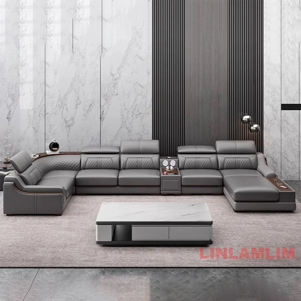 Modern U-Shaped Sectional Sofa Set with Chaise Lounge, Genuine Leather Couch with Storage Table, USB – Big Living Room Furniture
