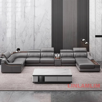 Modern U-Shaped Sectional Sofa Set with Chaise Lounge, Genuine Leather Couch with Storage Table, USB – Big Living Room Furniture