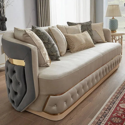 Ensemble de canapé de salon rembourré en velours, moderne et luxueux, ceinture en acier inoxydable, bouton de décoration, maison, Villa