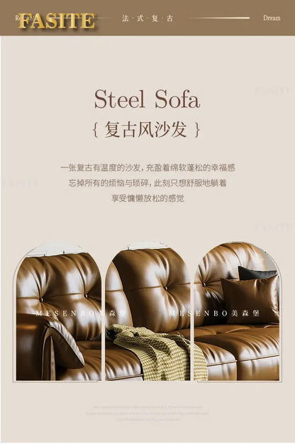 Oil wax leather sofa, French retro style, large and small apartment, living room straight combination