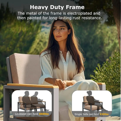 5-Piece Modern Patio Furniture Set with Fire Pit Table, Metal Outdoor Sectional with Cushions & Wood-Like Armrests, Cozy Con