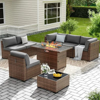 8-Piece Patio Set with 44" Fire Pit Table, Outdoor Couch and Glass Coffee Table, Includes 2 Waterproof Covers
