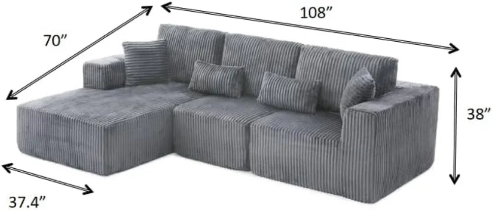 108" L-Shaped Cloud Couch for Living Room, Comfy Fluffy Memory Foam Deep Seat Modular Sectional Sofa with Left Chaise, Dark Grey